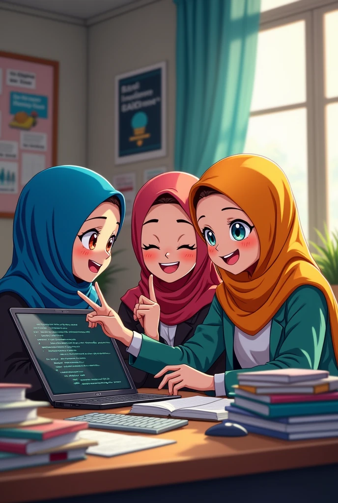 Three of hijab women with one of them is chubby and they are working and study about information technology course in anime version.