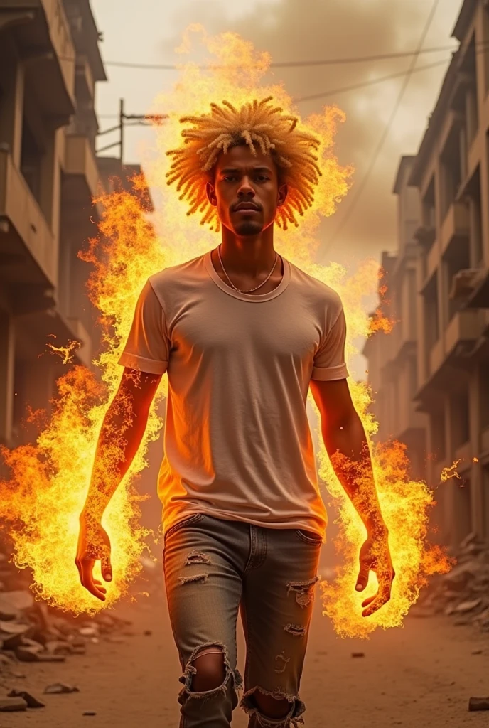 a dark-skinned ager, wearing a ripped-sleeved shirt and ripped jeans, transformed into a flaming warrior with golden hear