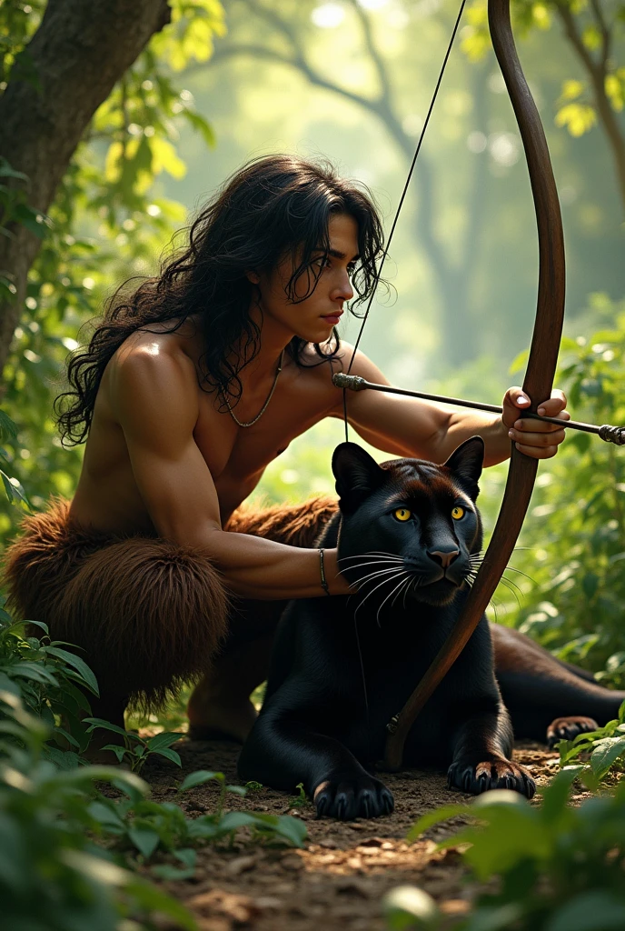 A handsome 17 year old guy with tanned skin and the masculine features of a young guy. He has black hair down to his knees and panther ears.. He has a bare torso, wearing full-length brown fur trousers and hoof-like shoes.. He has a red heart pendant.. He squats in a thicket of ferns and shoots a bow.. A kind, beautiful panther lies beside him..