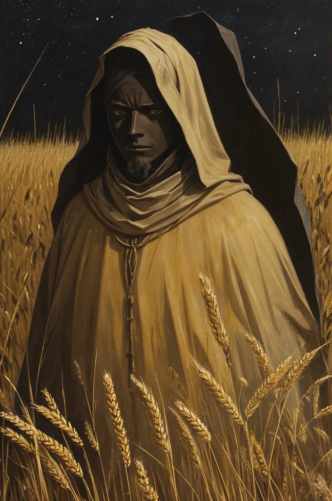 A painting of a young man in a dark wheatfield, black medieval peasant attire, survivor, scuffed face, sad painting, empty defeated eyes, meek, frail, very gaunt, in a golden field at night, empty night sky, pitch-black sky, charcoal colored sky, very tall field, crouching/hiding, petrified, crude art, paint streaks, very low visibility, eerie, close up, messy painting, horrified eyes, hiding in wheat field, midnight, bandaged, wounded, plagued, long scruffy hair