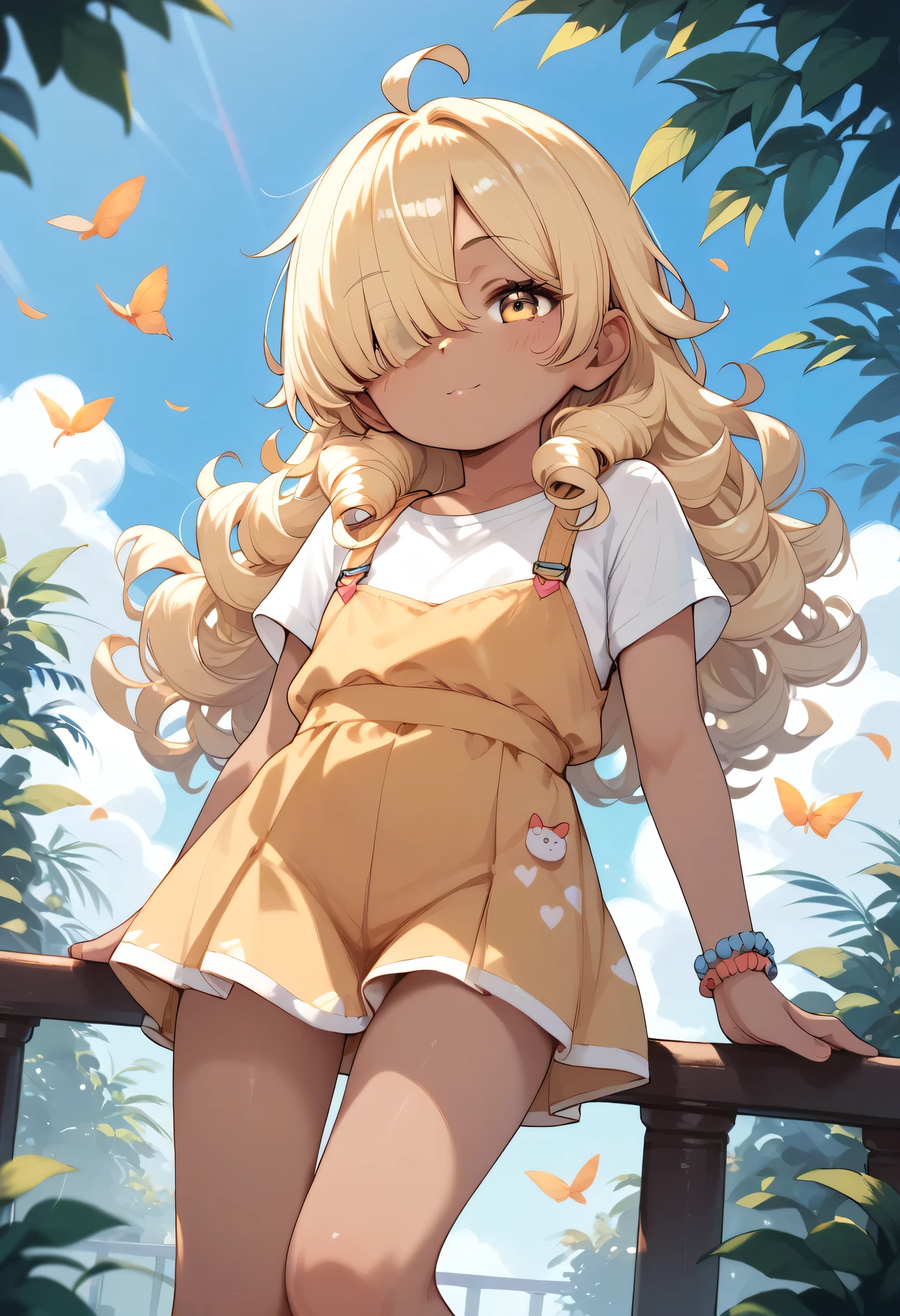 little_girl,cute_****_, Blonde hair, long curly hair, hair over one eye, yellow eyes, long hair, dark skin, ahoge, thigh, cute, sexy,  dynamic angle, 