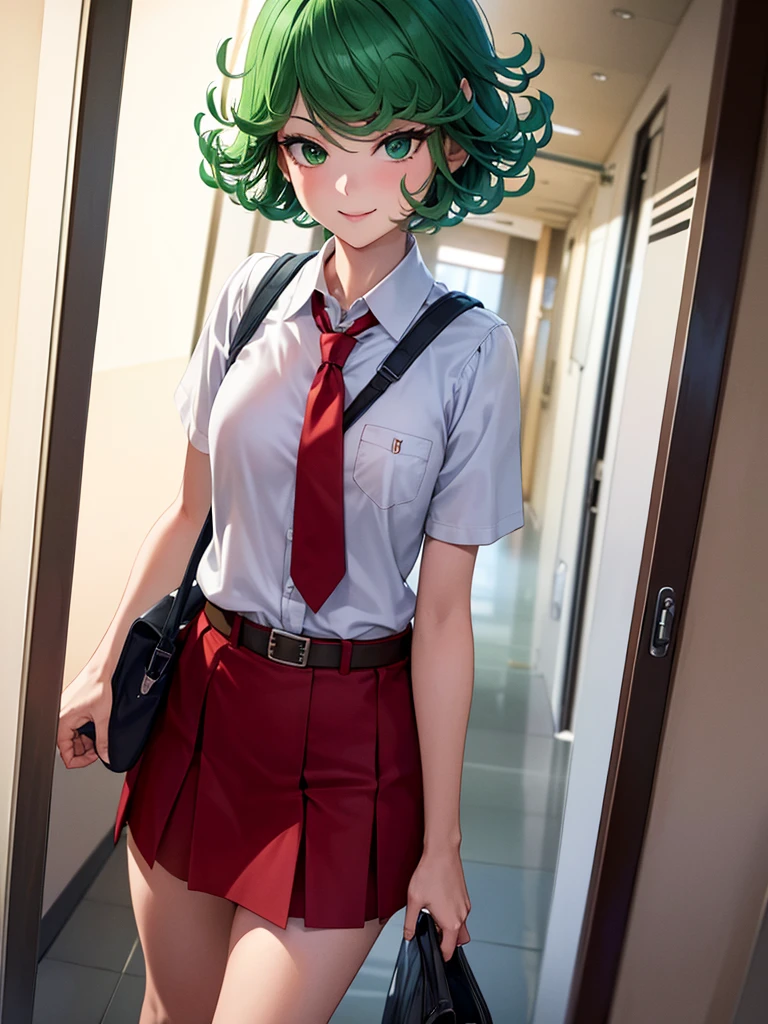 (high res, 8K, masterpiece, looking at viewer, best quality, very aesthetic, ultra detailed, ultra background, ultra Eyes, Realistic Eyes), intricate details, 1girl, Tatsumaki, , short sleeved white shirt, Smile Face, pocket on left chest, wearing a red tie, red short skirt, wear a belt, Green short hair, Green eyes, carry a bag, walking in the school hallway, lots of people,Background school hallway, School, Cinematic Angle