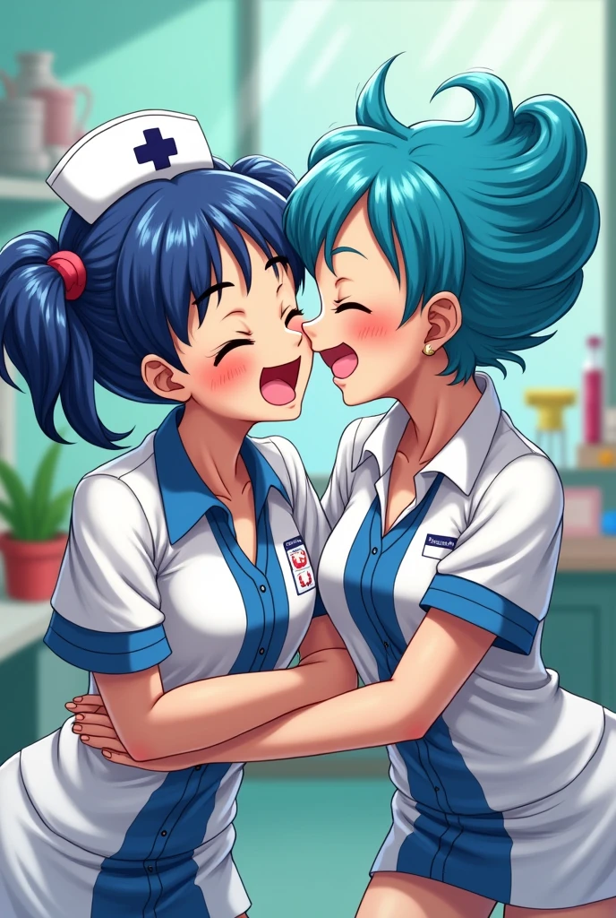 Bulma and Broly nurses having fun、lesbian Bulma、Greedy kiss、Yodare、tongue、Modest chest、