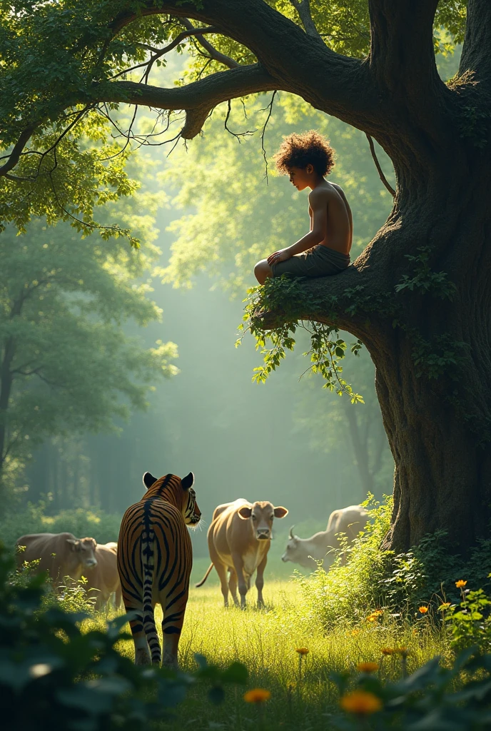A feared boy sitting in tree grazing cows and cowd attacked by a tiger