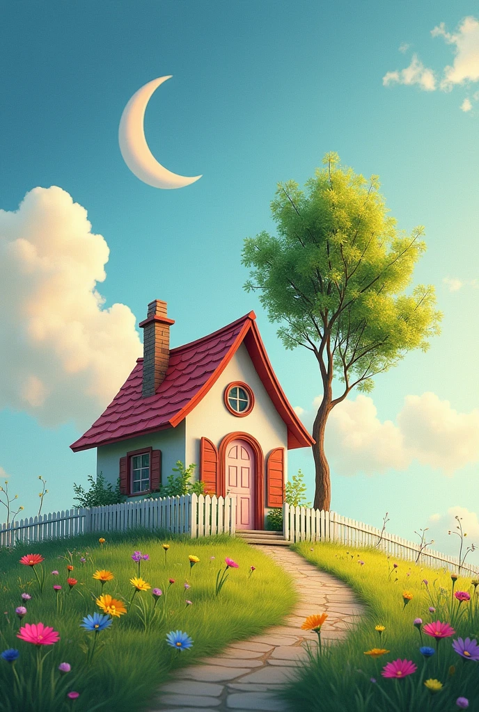 A whimsical little cute house, a tall skinny tree next to the house, a crescent moon, grass, flowers, and a fence, in a hyper-realistic 3D style with glossy airbrush watercolor effects