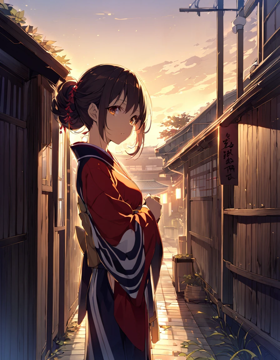 Young woman in Japanese clothing、early morning&#39;Atmosphere of。長いblack髪にpurpleがかった色味、Some are loosely tied、残りteeth肩に流れ落ちる。Looking back over your right shoulder、Only the left eye is visible in profile。Smooth skin like white porcelain、length, Narrow eyes、Small lips。A fleeting and mysterious atmosphere、A bit of a depressing mood。A gorgeous kimono with a white base and floral patterns.。blackい帯と襟、帯teeth大きな蝶結びで背中で結ばれている。着物にteethred、purple、pink、Delicately painted white floral pattern、Expressing with Gradient。length, Drag the hem、Expressing the texture and wrinkles of fabric in detail.。透け感のあるblackい羽織を肩にかけている。White flower hair ornament、桜やplumの花をイメージ。circular composition、Place it on a full moon background。背景teethdark blueから白へのグラデーション、The impression of the night sky turning into morning。Silhouettes of flowers and plants are scattered throughout the background.、Expressing the appearance of fluttering in the wind。Put a darker color on the left、Put a lighter color on the right、Represents the balance of yin and yang。Mainly white、black、dark blue、red、purpleのコントラスト。着物の花柄に使用される色teeth、淡い色から濃い色までExpressing with Gradient。背景の花のシルエットteeth白や薄い青で表現し、Create a great atmosphere。Draw illustrations inspired by the style of Japanese anime and manga、A fusion of delicate line drawings and watercolor-like gradations。Detailed depiction of petals and leaves、特に着物の模様teeth極めて精緻。キャラクターの輪郭線teeth細く、Blur the boundary between the subject and the background。Representing the movement of petals fluttering in the wind、Especially the scattering to the outside of the circle。Character Expressions&#39;outline blends into the background、Especially the hair and the hem of the kimono。Soft light from the moon、A soft glow effect that follows the character&#39;outline。A fusion of Japanese fantasy and modern illustration techniques。Mysterious and ephemeral atmosphere、A contrast of majestic strength。Before dawn、Darkness and light、Expressing the duality of strength and elegance。季節感としてteeth春の終わりから初夏を想起させる。Varying line thickness and shading、Sharp finish。Kimono pattern and background flowers々teeth、Use the brush tool to create subtle effects。Adjust the brightness difference between the character and the background、To make the protagonist stand out。Keep the color scheme consistent throughout、harmonious atmosphere;。着物の裾からredい花びらが散り、Spread on the ground。背景の植物teeth桜、plum、Focus on wisteria flowers、Representing seasonal changes。キャラクターの立ち姿teeth凛として美しく、the spine is straight。The moonlight reflects off the fabric of the kimono、Creates a subtle sheen。