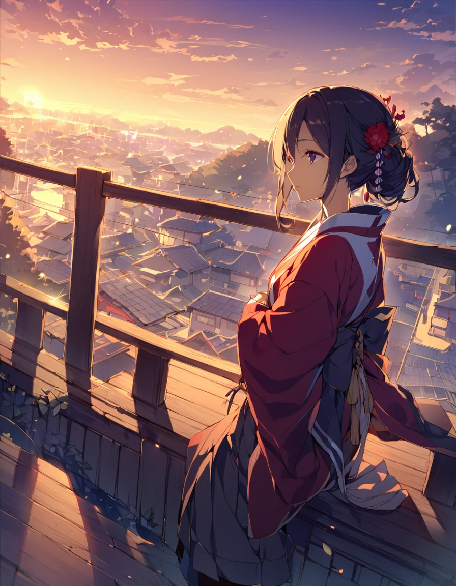Young woman in Japanese clothing、early morning&#39;Atmosphere of。長いblack髪にpurpleがかった色味、Some are loosely tied、残りteeth肩に流れ落ちる。Looking back over your right shoulder、Only the left eye is visible in profile。Smooth skin like white porcelain、length, Narrow eyes、Small lips。A fleeting and mysterious atmosphere、A bit of a depressing mood。A gorgeous kimono with a white base and floral patterns.。blackい帯と襟、帯teeth大きな蝶結びで背中で結ばれている。着物にteethred、purple、pink、Delicately painted white floral pattern、Expressing with Gradient。length, Drag the hem、Expressing the texture and wrinkles of fabric in detail.。透け感のあるblackい羽織を肩にかけている。White flower hair ornament、桜やplumの花をイメージ。circular composition、Place it on a full moon background。背景teethdark blueから白へのグラデーション、The impression of the night sky turning into morning。Silhouettes of flowers and plants are scattered throughout the background.、Expressing the appearance of fluttering in the wind。Put a darker color on the left、Put a lighter color on the right、Represents the balance of yin and yang。Mainly white、black、dark blue、red、purpleのコントラスト。着物の花柄に使用される色teeth、淡い色から濃い色までExpressing with Gradient。背景の花のシルエットteeth白や薄い青で表現し、Create a great atmosphere。Draw illustrations inspired by the style of Japanese anime and manga、A fusion of delicate line drawings and watercolor-like gradations。Detailed depiction of petals and leaves、特に着物の模様teeth極めて精緻。キャラクターの輪郭線teeth細く、Blur the boundary between the subject and the background。Representing the movement of petals fluttering in the wind、Especially the scattering to the outside of the circle。Character Expressions&#39;outline blends into the background、Especially the hair and the hem of the kimono。Soft light from the moon、A soft glow effect that follows the character&#39;outline。A fusion of Japanese fantasy and modern illustration techniques。Mysterious and ephemeral atmosphere、A contrast of majestic strength。Before dawn、Darkness and light、Expressing the duality of strength and elegance。季節感としてteeth春の終わりから初夏を想起させる。Varying line thickness and shading、Sharp finish。Kimono pattern and background flowers々teeth、Use the brush tool to create subtle effects。Adjust the brightness difference between the character and the background、To make the protagonist stand out。Keep the color scheme consistent throughout、harmonious atmosphere;。着物の裾からredい花びらが散り、Spread on the ground。背景の植物teeth桜、plum、Focus on wisteria flowers、Representing seasonal changes。キャラクターの立ち姿teeth凛として美しく、the spine is straight。The moonlight reflects off the fabric of the kimono、Creates a subtle sheen。