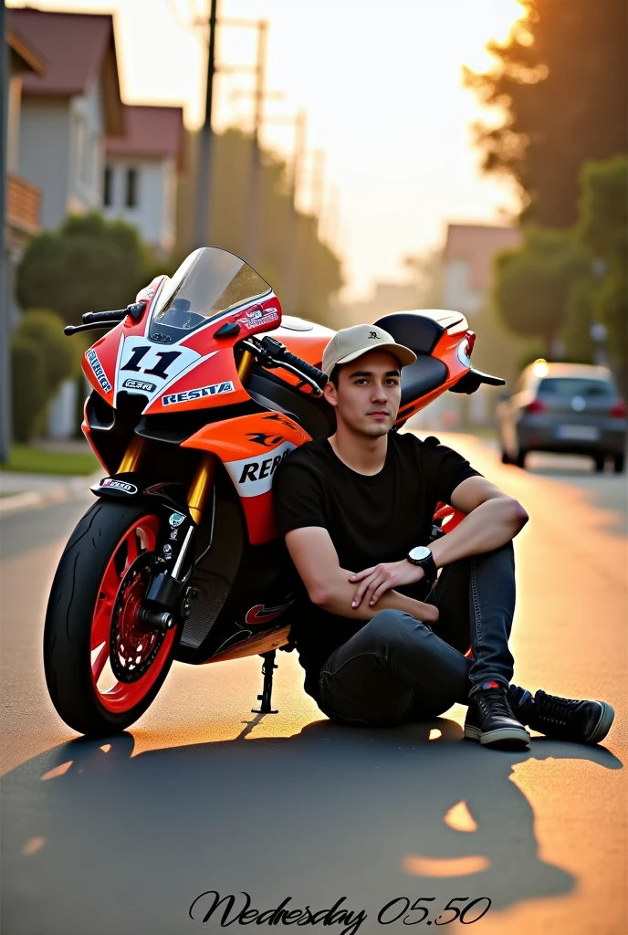 The image shows a young man sitting on the ground, leaning his back against a motorcycle. The motorcycle, which appears to be a Honda with Repsol decoration, It has red details, Black and white with Beta brand logos and other decals. The young man is dressed in a black t-shirt, Dark jeans and a beige or light brown cap.
The setting appears to be a street or an outdoor location, with some houses and a car parked in the background. The sunlight is warm, which creates a warm tone effect in the image, with shadows suggesting that it is dusk or early morning. In the lower right corner, The text indicates "Wednesday 05:00 pm", which suggests that the image was taken at that time on a Wednesday.