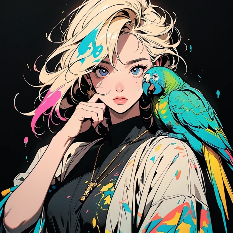 (((Beautiful bird with One Woman))), (((A very large parrot on your shoulder))), wonderful, Very detailedな face and eyes, Dripping Paint, (((Perfect bird))), Complex, wonderful, wonderful, Gold leaf trim, magic, Masterpiece Painting, Very detailedな, Fascinating, Fascinatingな, intense, Scattered Light, Built using the Golden Ratio, Awards, Perfect composition, Ultra HD, 8k, Realistic, Very detailed, One Woman, (((Put your finger to your mouth))),(((Perfect Fingers)),(((Perfect hands)), Black background, (((Splattering colorful paint)))