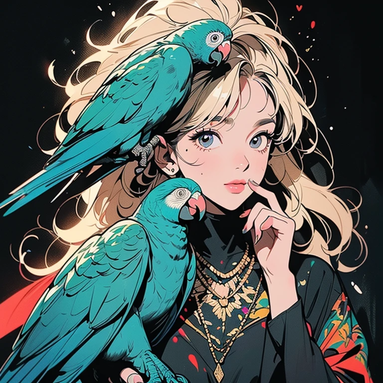 (((Beautiful bird with One Woman))), (((A very large parrot on your shoulder))), wonderful, Very detailedな face and eyes, Dripping Paint, (((Perfect bird))), Complex, wonderful, wonderful, Gold leaf trim, magic, Masterpiece Painting, Very detailedな, Fascinating, Fascinatingな, intense, Scattered Light, Built using the Golden Ratio, Awards, Perfect composition, Ultra HD, 8k, Realistic, Very detailed, One Woman, (((Put your finger to your mouth))),(((Perfect Fingers)),(((Perfect hands)), Black background, (((Splattering colorful paint)))