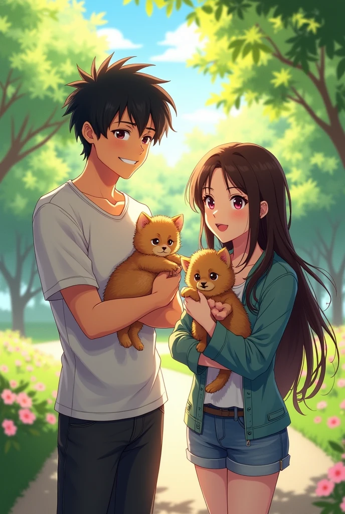 An anime man with black hair and dark maroon Eyes and he is standing an anime woman with long middle brunette hair and dark brown eyes  and they are wearing casual outfits and they are holding puppies and kittens in their arms