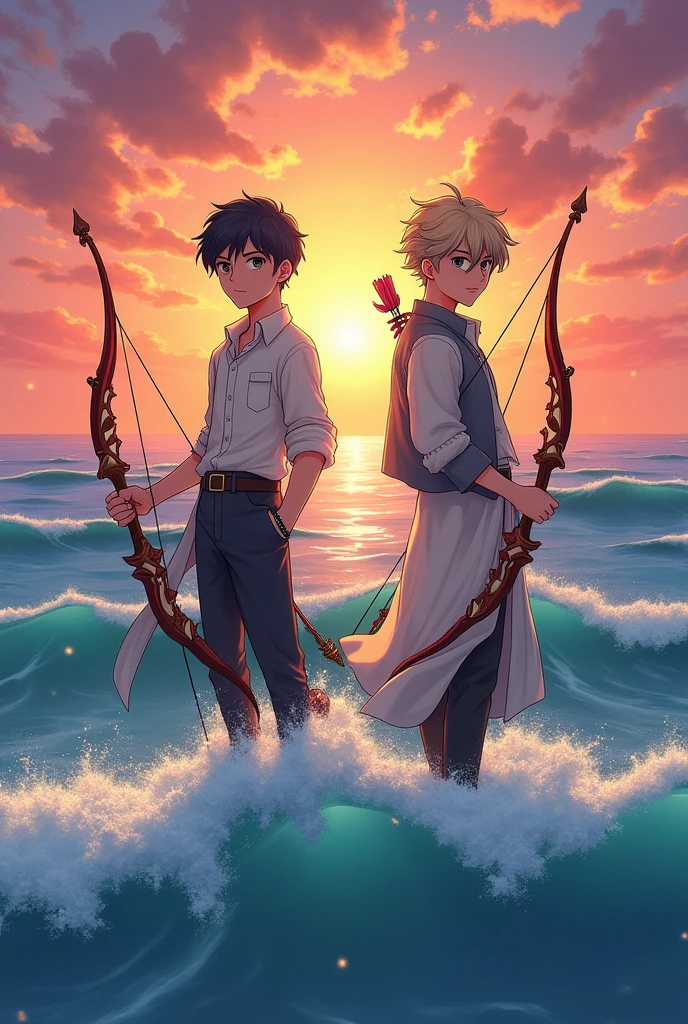 Anime, 2 young gentleman carrying a magical bow and arrow, a small daggers in their waist, crossing the sea, with a beautiful scenery of a sun, can be use as books cover, and wearing a simple clothes