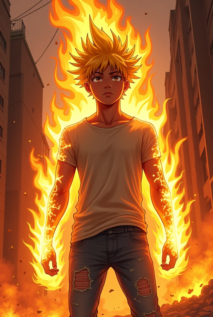 a dark-skinned teenager, wearing a ripped-sleeved shirt and ripped jeans, transformed into a flaming warrior with golden hear, 2000's anime style 