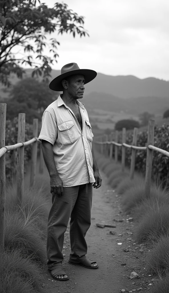 A young Costa Rican farmer, humble looking, dressed in simple, worn-out clothes, White shirt, sombrero, leather sandals, pants tied with a cloth cord, with a thoughtful and melancholic look. His hands are rough from work, and the background is a rural landscape surrounded by pastures, fences, coffee plantations, plataneras, Representative trees of Costa Rica in the 20th century, let it be black and white