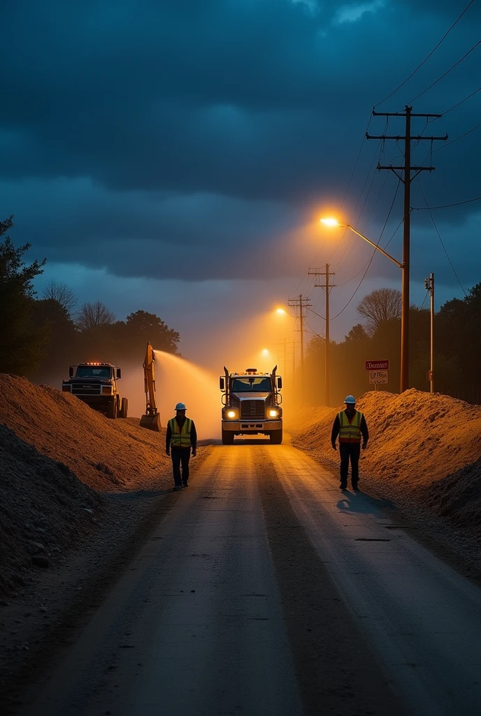 Context: buổi tối, There is a strip of dirt and rocks across the highway in a rural area., There are a few street lights on the road., around dark hug. Excavators lined up to shovel dirt and rocks. Behind the row of excavators is a giant pickup truck spraying water onto the rocky strip to limit dust and smoke.. Add a few small details: There are 3 workers working on the construction site., danger blanket sign. Smoke rises in a group