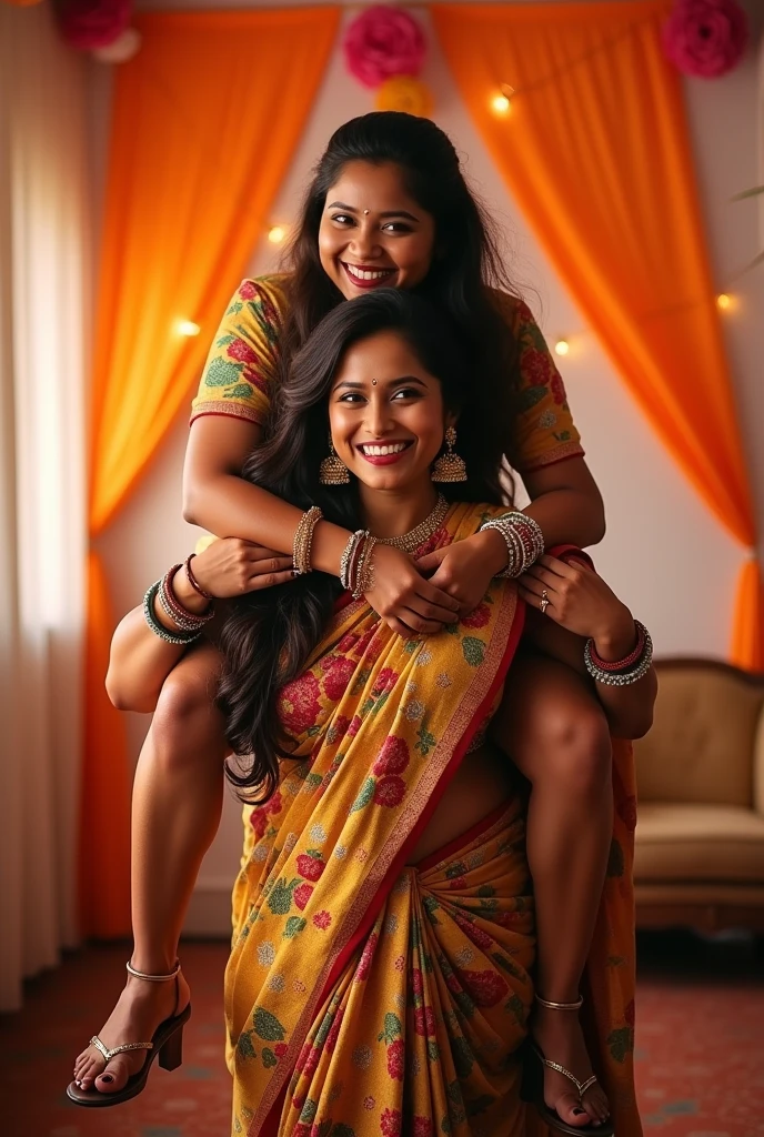 Create a realistic photograph of a smiling and beautiful indian woman in floral silk saree carrying a large chubby man on her shoulders in a room, man is sitting on top of her shoulders , man on top, woman at bottom