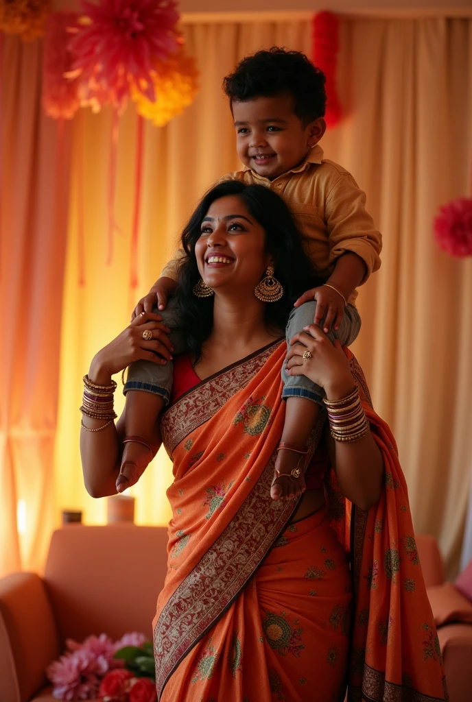 Create a realistic photograph of a smiling and beautiful indian woman in floral silk saree carrying a large chubby man on her shoulders in a room, man is sitting on top of her shoulders , man on top, woman at bottom