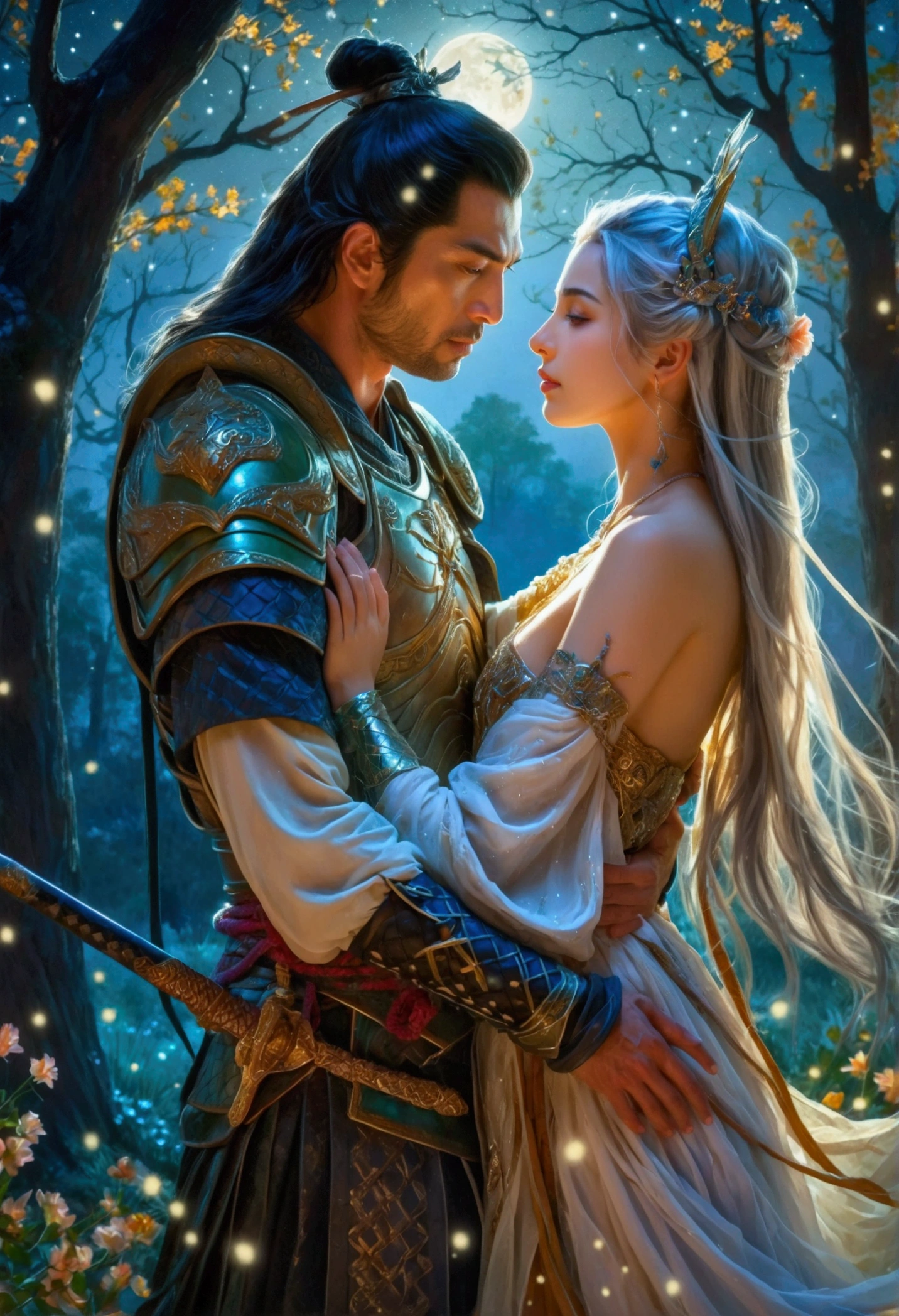 A vivid depiction of a romantic scene under the glistening stars and luminous moonlight. A brave Middle-Eastern samurai in his forties is seen clad in ornate armor, and clinched in an embrace with an entrancing female high elf archer of Hispanic descent. His strong arm tightly wrapped around her, eyes interlocked with serious passion and deep love. The setting is a serene woodland by a rejuvenating spring and a crystalline small lake. The backdrop details lofty mountains far away, touched by the soft glow of the stars above. Exquisite elements of fantasy and romance are merged to paint this scene of profound affection.