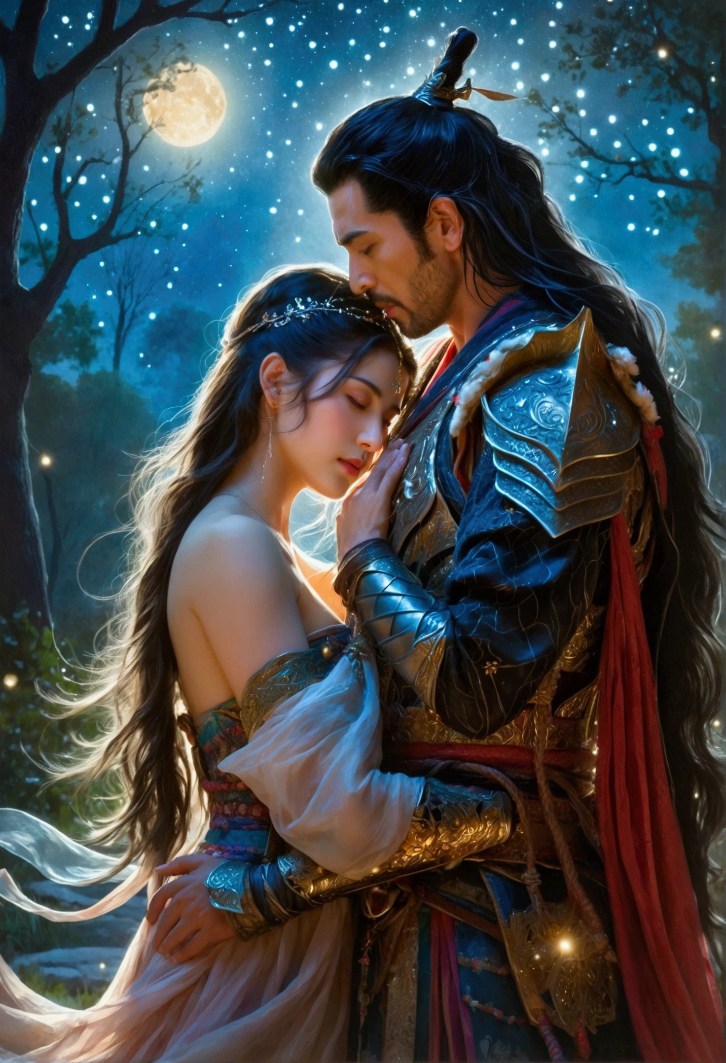 A vivid depiction of a romantic scene under the glistening stars and luminous moonlight. A brave Middle-Eastern samurai in his forties is seen clad in ornate armor, and clinched in an embrace with an entrancing female high elf archer of Hispanic descent. His strong arm tightly wrapped around her, eyes interlocked with serious passion and deep love. The setting is a serene woodland by a rejuvenating spring and a crystalline small lake. The backdrop details lofty mountains far away, touched by the soft glow of the stars above. Exquisite elements of fantasy and romance are merged to paint this scene of profound affection.