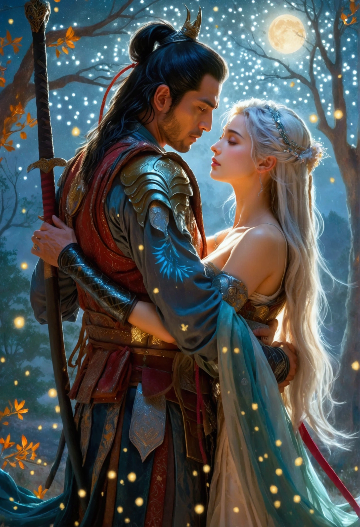 A vivid depiction of a romantic scene under the glistening stars and luminous moonlight. A brave Middle-Eastern samurai in his forties is seen clad in ornate armor, and clinched in an embrace with an entrancing female high elf archer of Hispanic descent. His strong arm tightly wrapped around her, eyes interlocked with serious passion and deep love. The setting is a serene woodland by a rejuvenating spring and a crystalline small lake. The backdrop details lofty mountains far away, touched by the soft glow of the stars above. Exquisite elements of fantasy and romance are merged to paint this scene of profound affection.