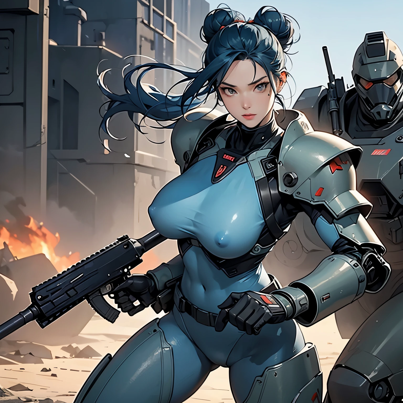 nsfw, anime screencap, 16K, perfect anatomy proportion body, perfect hands, action, A dynamic composition with a sense of speed and movement, (Hold an assault rifle:1.6), a wife, 40age, perfect beautiful delicate sexy face, erfect beautiful delicate drooping eyes, blue hair, hair bun, large breasts, abs, Camouflage-colored heavy armored steam engine full armor powered suit, Many heavily armored robot soldiers are engaged in a firefight in the background., Flying bullets, Remains of a destroyed spaceship, war, Post-apocalyptic,