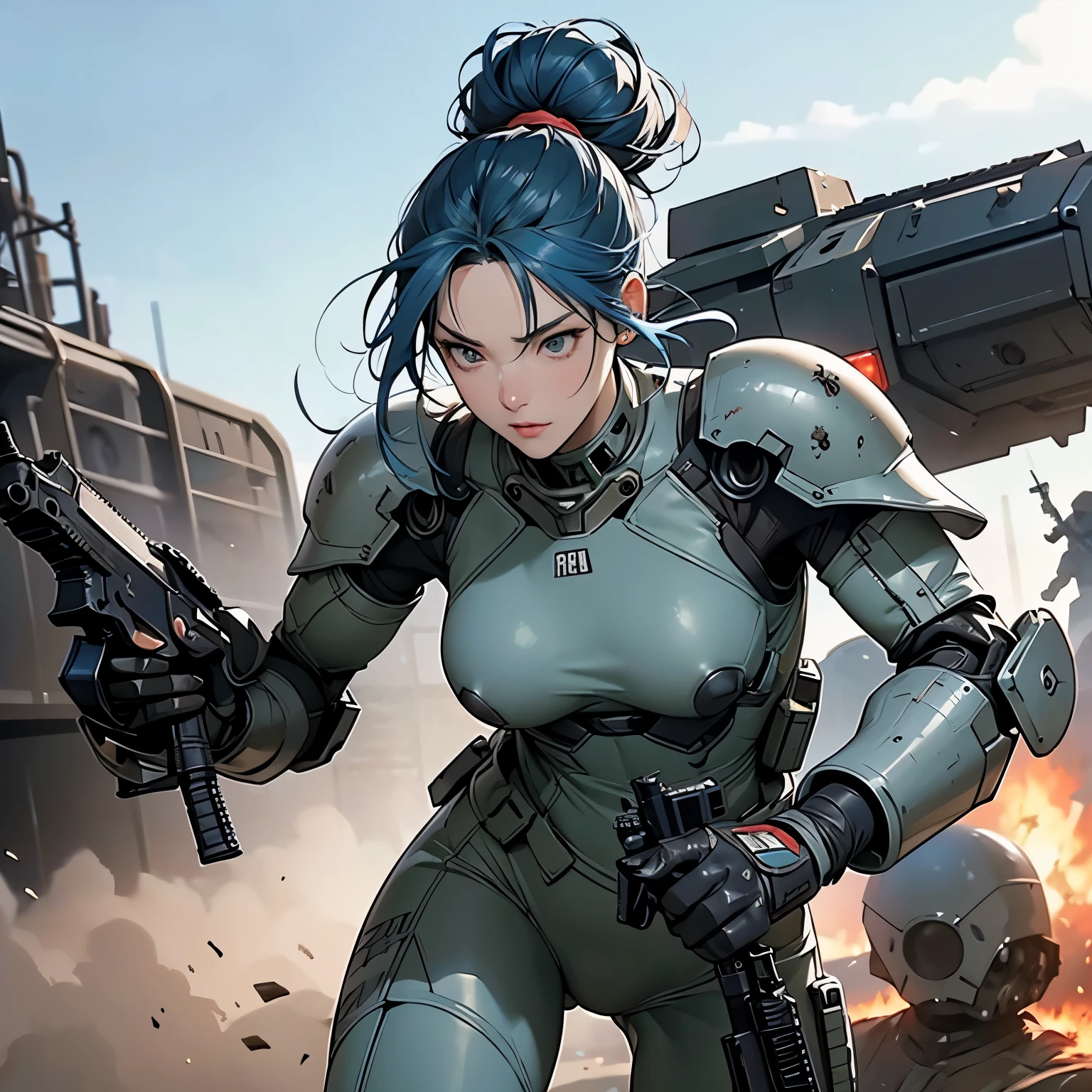 nsfw, anime screencap, 16K, perfect anatomy proportion body, perfect hands, action, A dynamic composition with a sense of speed and movement, (Hold an assault rifle:1.6), a wife, 40age, perfect beautiful delicate sexy face, erfect beautiful delicate drooping eyes, blue hair, hair bun, large breasts, abs, Camouflage-colored heavy armored steam engine full armor powered suit, Many heavily armored robot soldiers are engaged in a firefight in the background., Flying bullets, Remains of a destroyed spaceship, war, Post-apocalyptic,