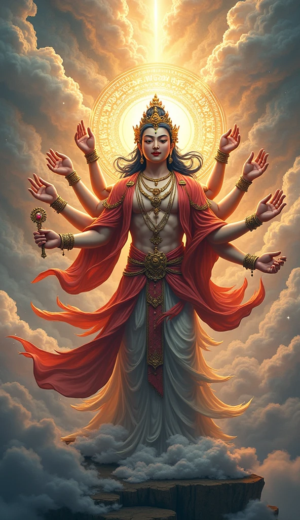 Super detailed, super realistic, hdr wallpaper, Fantastic multiple hands men god avalokitesvara, he is holding some treasures and weapons, handsome asian face