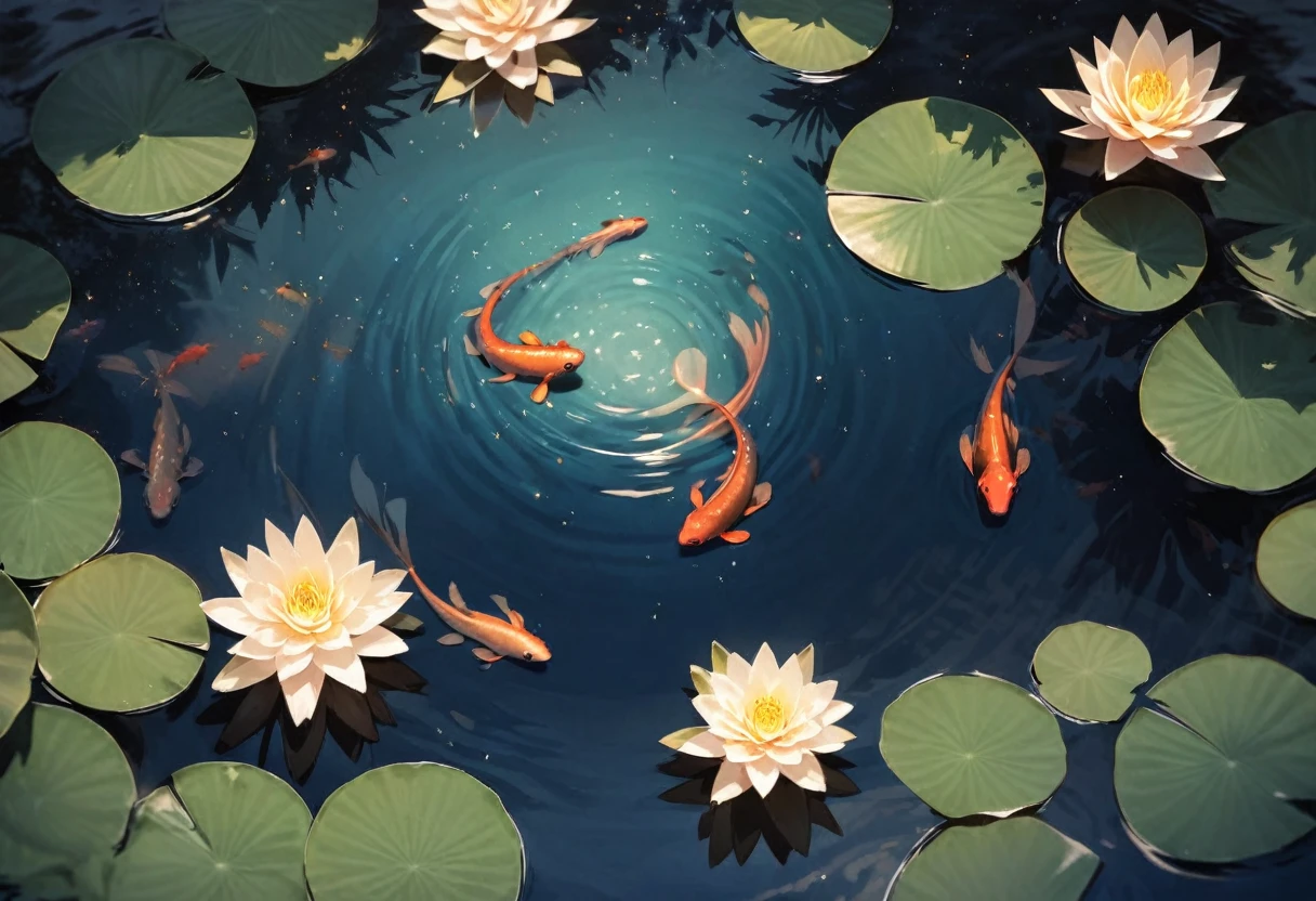 A frog sitting on a lily pad in a still pond,  a few large koi gold and black near the surface, a vivid starry sky is reflected on the water, viewed from above
