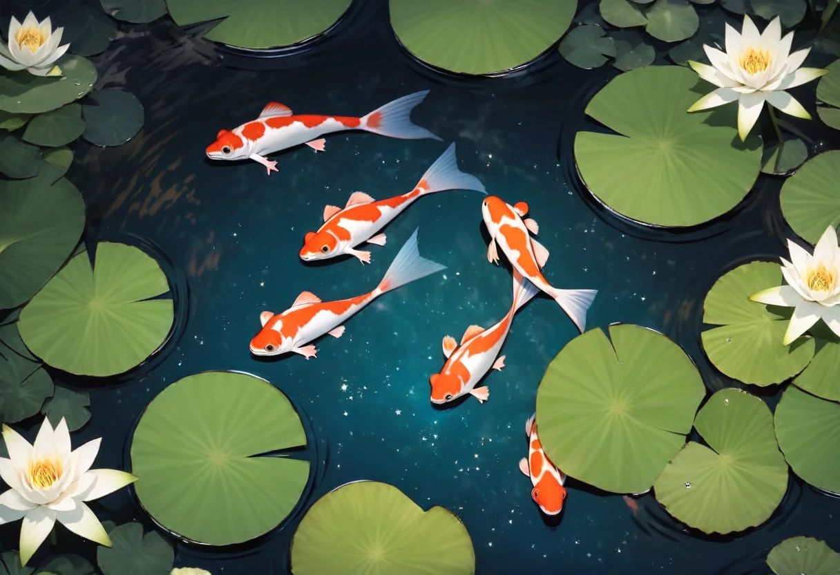A frog sitting on a lily pad in a still pond, a few large koi gold and black near the surface, a vivid starry sky is reflected on the water, viewed from above
