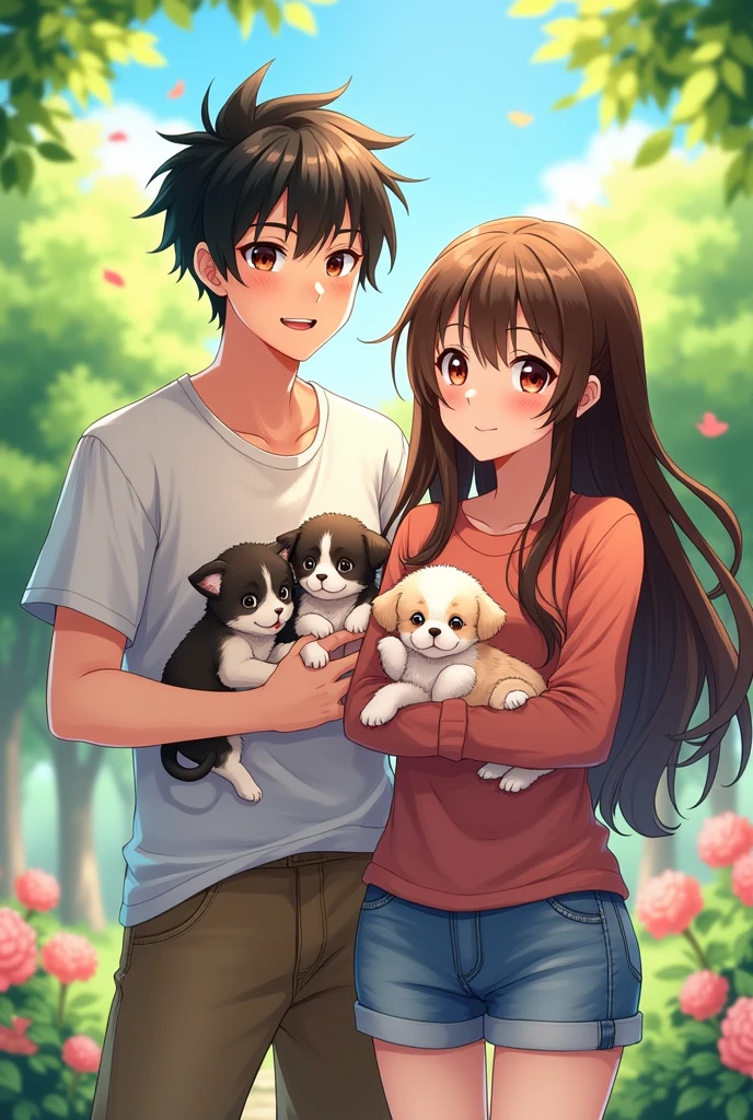An anime man with black hair and dark maroon Eyes and he is standing an anime woman with long middle brunette hair and dark brown eyes and they are wearing casual outfits and they are holding puppies and kittens in their arms