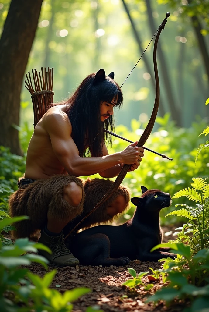 A handsome guy with tanned skin and masculine features of a young man. He has black hair down to his knees and panther ears.. He has a bare torso, wearing full-length brown fur trousers and hoof-like shoes.. He has a red heart pendant.. He squats in a thicket of ferns and shoots a bow.. A kind, beautiful panther lies beside him..