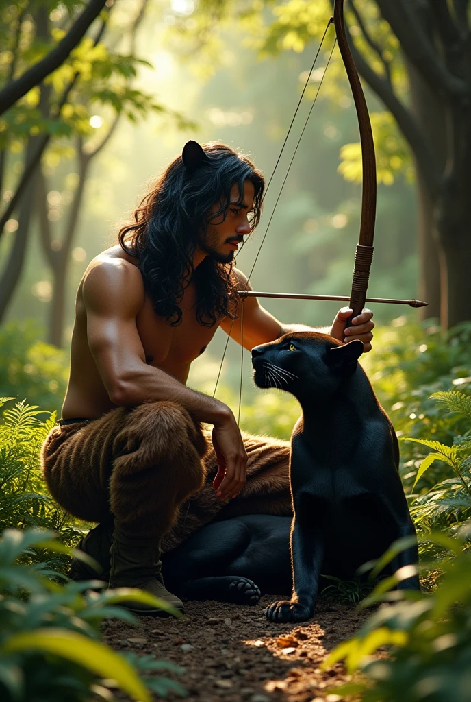 A handsome guy with tanned skin and masculine features of a young man. He has black hair down to his knees and panther ears.. He has a bare torso, wearing full-length brown fur trousers and hoof-like shoes.. He has a red heart pendant.. He squats in a thicket of ferns and shoots a bow.. A kind, beautiful panther lies beside him..