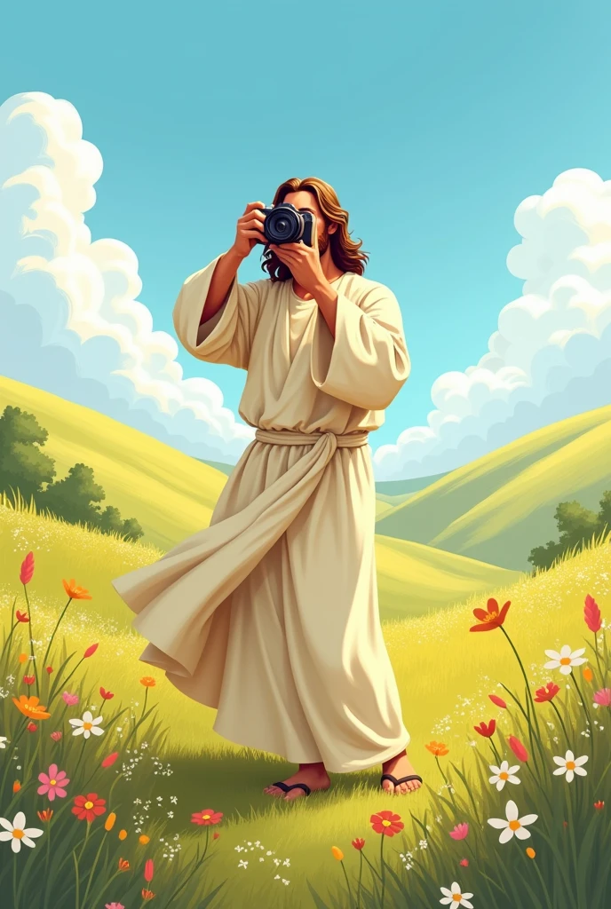 Jesus in a peaceful setting, He is wearing a simple robe and holding a camera., Jesus has the camera in his right eye, holding the camera with both hands, taking a picture, The scene can convey a sense of peace and joy, combining the modernity of the act of photographing with the traditional figure of Jesus. Make it in cartoon form