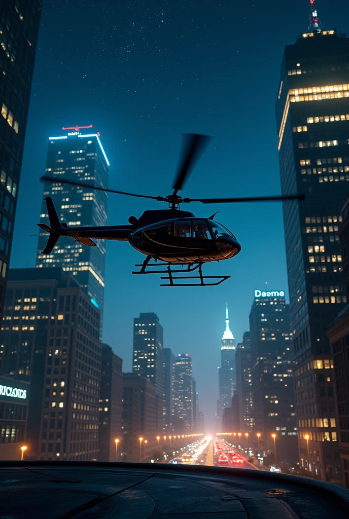 Night background of a helicopter landing rooftop, buildings and lights in the background, stars in the sky