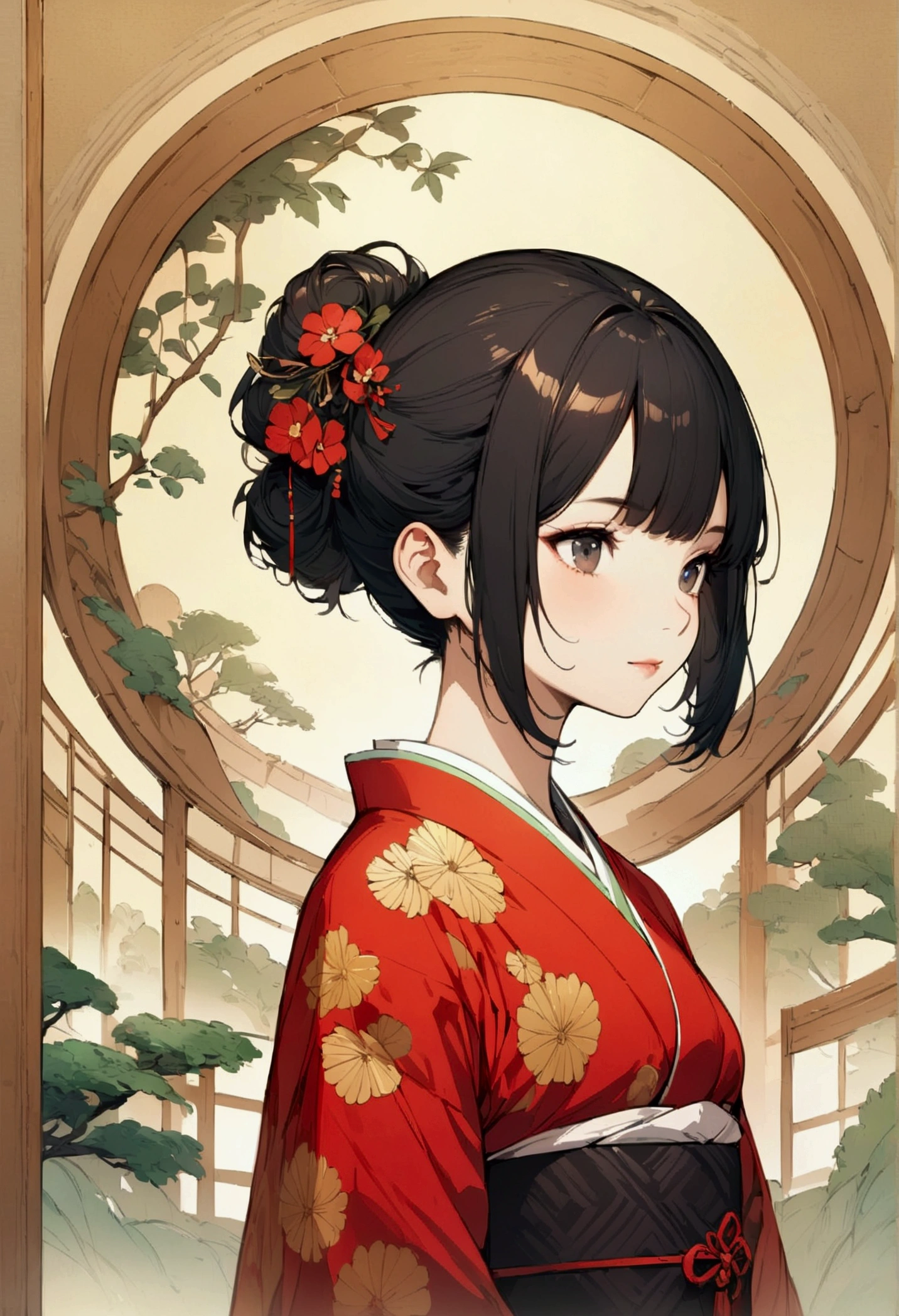 (Detailed and top quality illustrations:1.2), (pretty girl:1.0), (1 person, alone:1.0), (Black short hair:1.0), (Red kimono:1.0), (whole body:1.0), (Very detailed, High resolution, 4K:1.0),