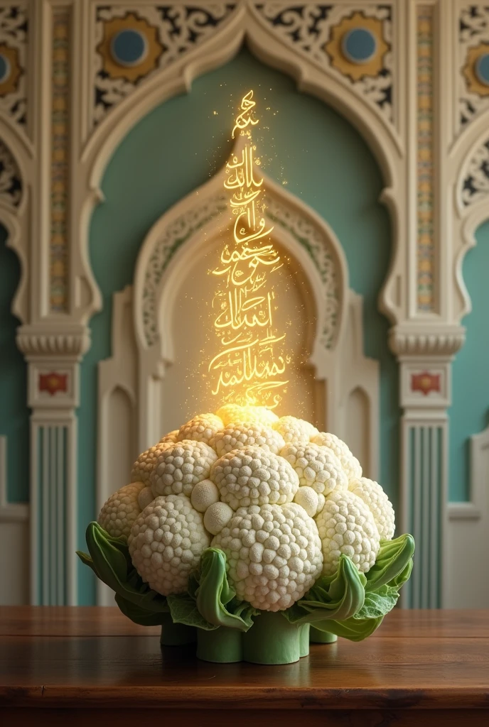 There is a nice cauliflower on a table. Allah is writing from inside this cauliflower and there is a nice wall behind it. Show us a nice image.
