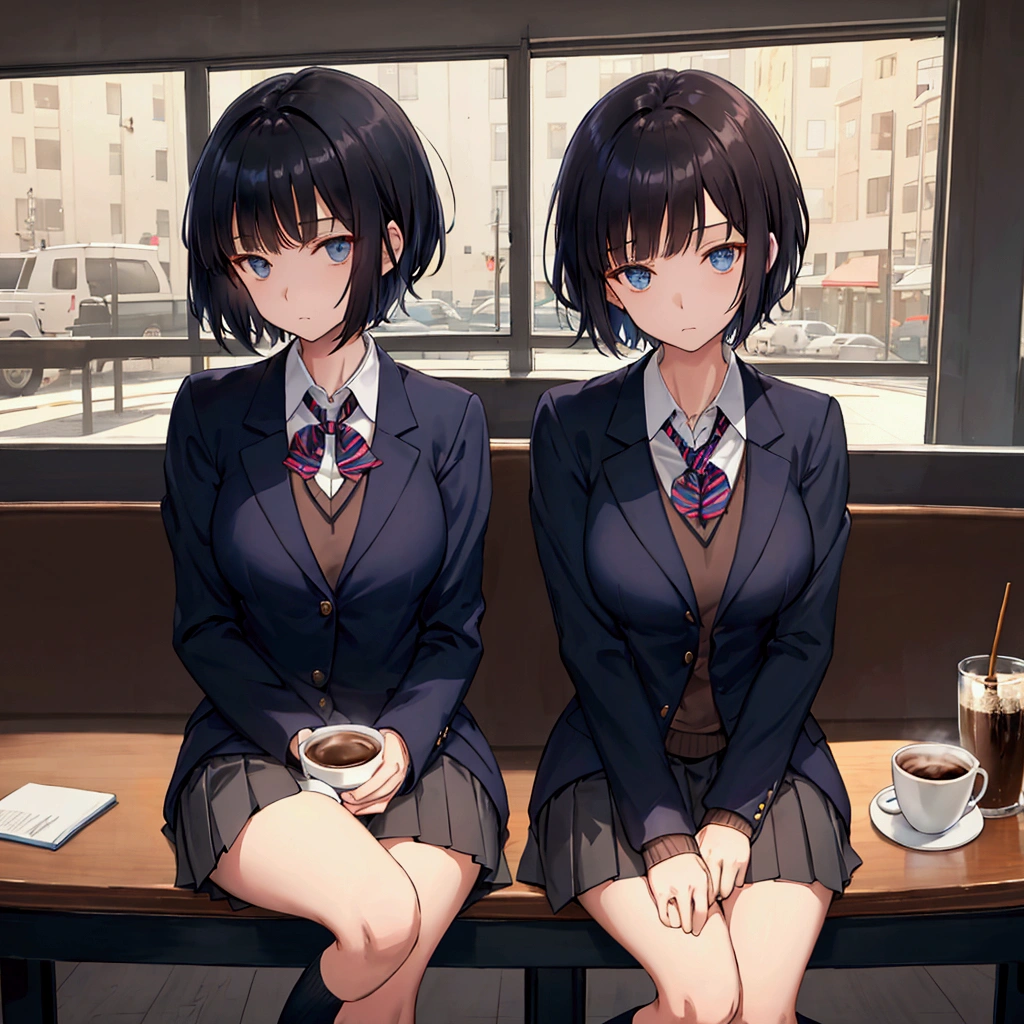 Coffee shop background, school uniform, dark sweater, tied sweater, dark blue blazer,  1woman, solo, dark hair, short hair, shining hair, medium-large breast, sitting behind table, facing viewer, arrogant,