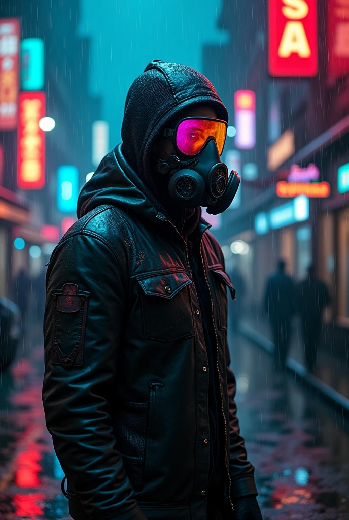 cyberpunk man, gas mask, neon light glasses, dystopian future, dark city, cybernetic implants, glowing neon signs, rainy urban environment, moody lighting, dramatic shadows, chrome metal, gritty industrial textures, advanced technology, hyper-detailed, photorealistic, cinematic, (best quality,4k,8k,highres,masterpiece:1.2),ultra-detailed,(realistic,photorealistic,photo-realistic:1.37)