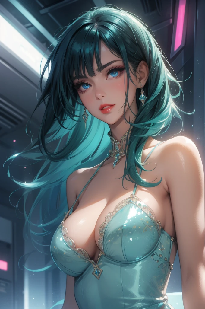1girl,a beautiful fashion model ,(masterpiece, detailed background, best quality),short and shiny hair, blue green hair, hair with highlights, bangs, smirk,juicy lips,red lips, calmart, lingerie, stripping, elegant makeup, blue eyes, full body shot, (shiny skin), cyberpunk, sci fi, boa, extravagant jewelry, cocky expression, covered in jewelry, fancy, white dress