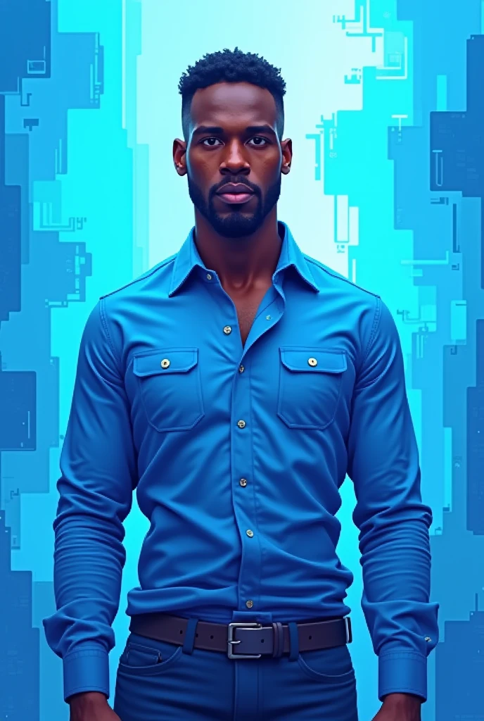 Anthony McGrew standing with blue shirt and with pixel art style , just standing with blue theme