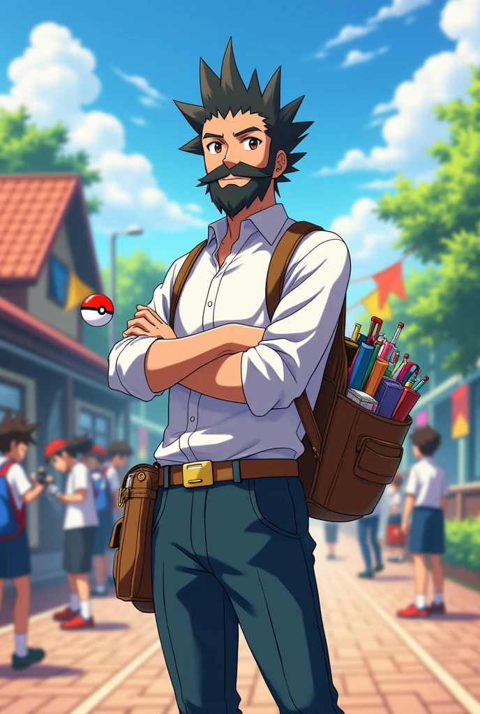 Anime pokemon style, Short black spiny hair teacher with full beard, right hand holding a pokeball. Left hand holding books, wearing a white shirt and a leg bag with some school supplies. School