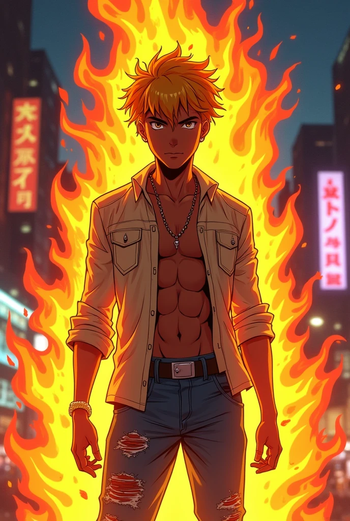 a dark-skinned , wearing a ripped-sleeved shirt and ripped jeans, transformed into a flaming warrior with golden hear, 90's anime style