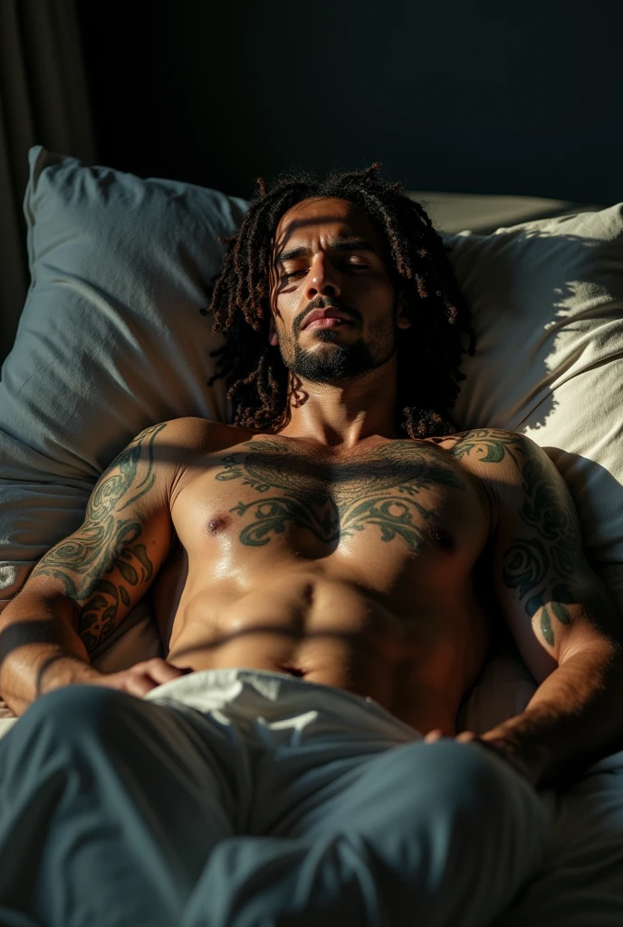 A muscular man is lying on a bed, the room enveloped in a soft shadow. Your skin is slightly damp with sweat, evidence of an intense dream. He displays a calm countenance, but marked by recent trauma, as if I had just woken up from a nightmare. The dim light highlights the contours of her defined body, while he rests, still under the emotional effect of his dream experience. Tattooed and long hair with braids and highlights