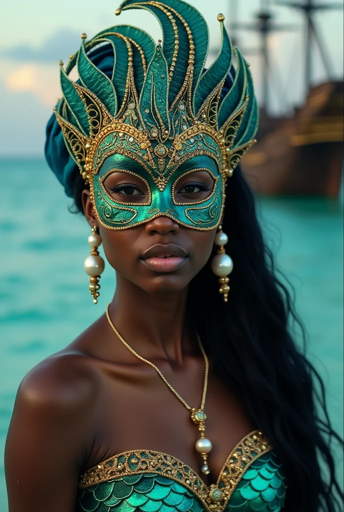 Generate Mermaid Pirate Mask for Black Woman, with gold details
