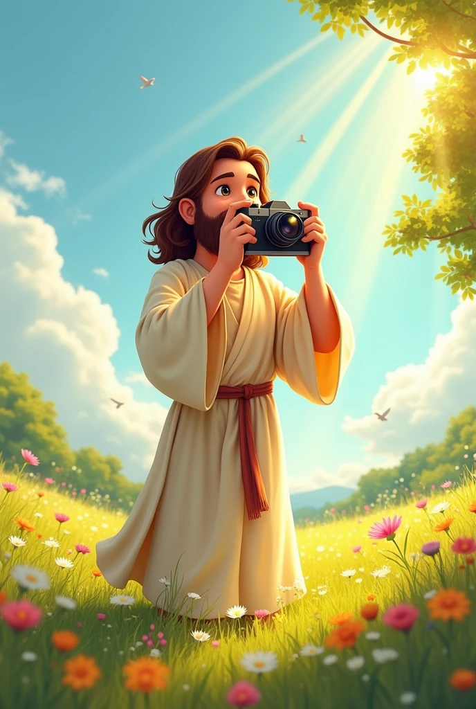Jesus in a peaceful setting, He is wearing a simple robe and holding a camera., Jesus has the camera in his right eye, holding the camera with both hands, taking a picture, The scene can convey a sense of peace and joy, combining the modernity of the act of photographing with the traditional figure of Jesus. Make it in cartoon form 
