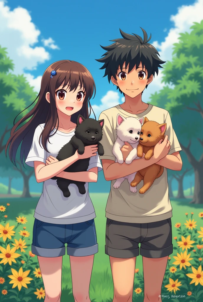 An anime man with black hair and dark maroon Eyes and he is standing an anime woman with long middle brunette hair and dark brown eyes and they are wearing casual outfits and they are holding puppies and kittens in their arms