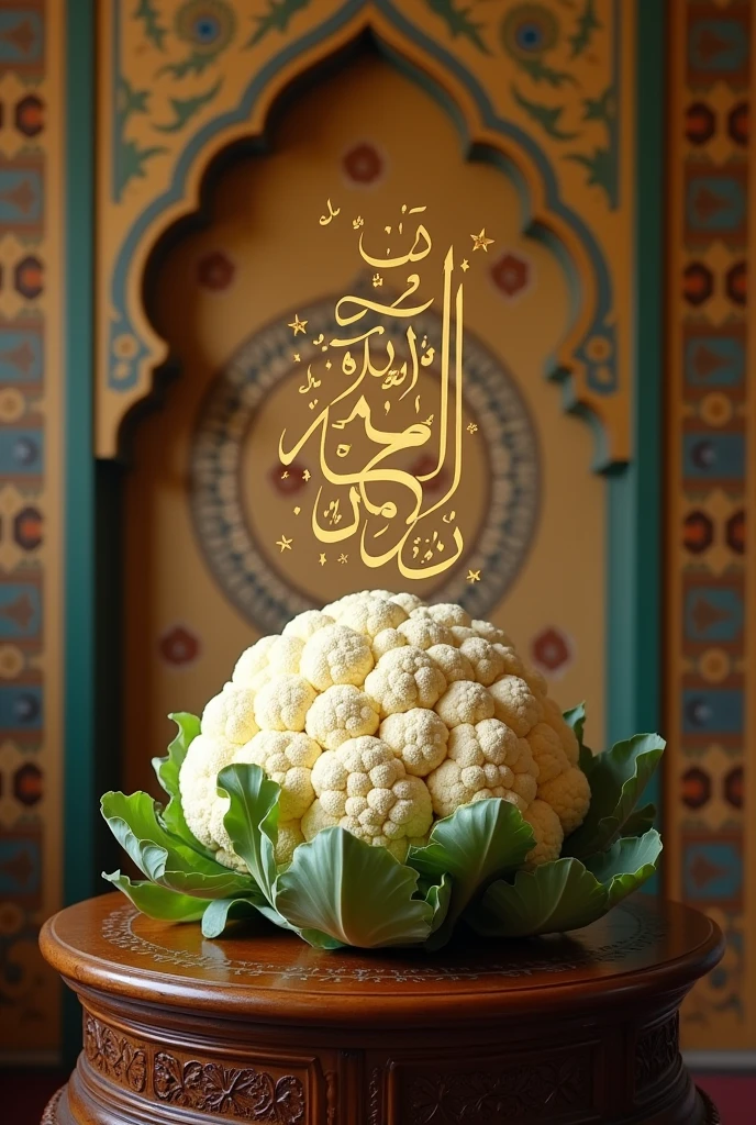 There is a nice cauliflower on a table. Allah is writing from inside this cauliflower and there is a nice wall behind it. Show us a nice image.