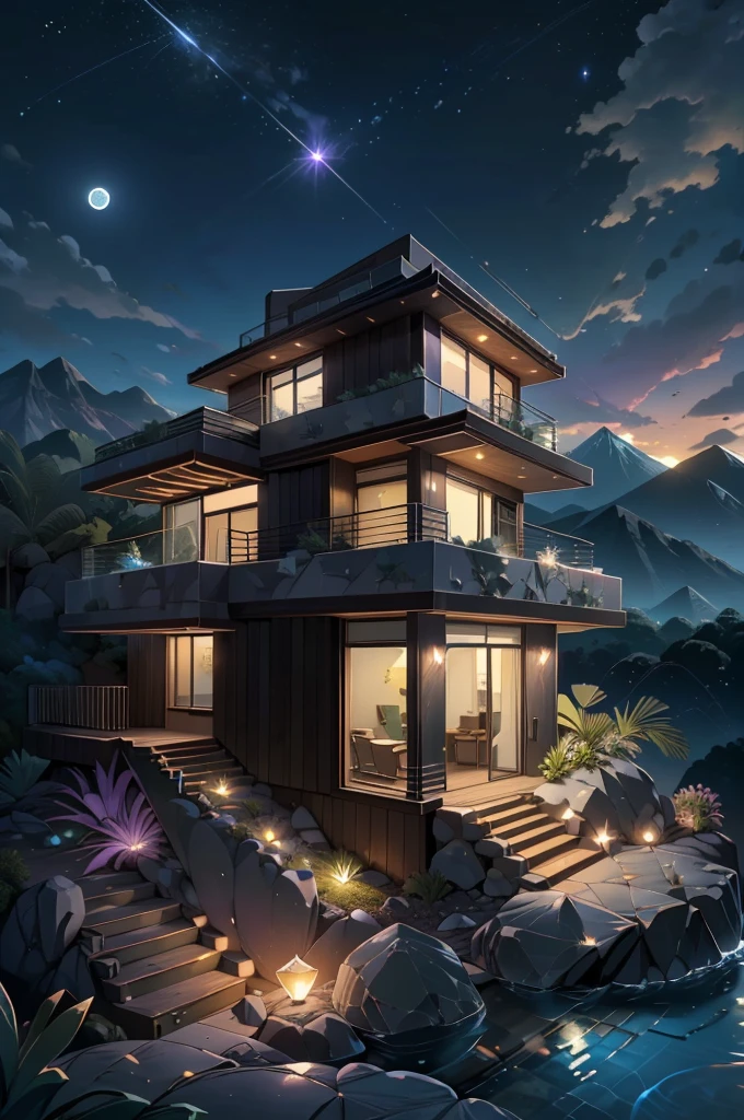 small and beautiful modern house in top of big boulders, terraces, pool, stairs, multiple cacti gardens, palms, trees, rocks, beautiful landscape design, mountains and volcano y background, amazing clouds, sun, moon, planets, milky way galaxy, concrete, wood, glass and steel materials, olive green, violet, orange and withe colors in facade