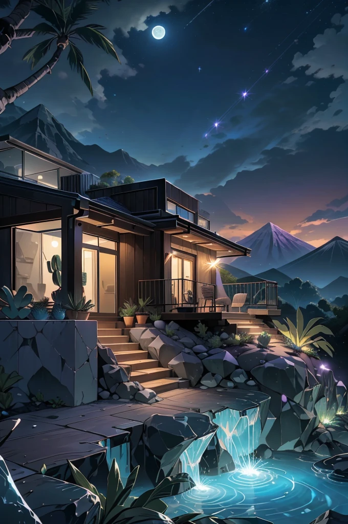 small and beautiful modern house in top of big boulders, terraces, pool, stairs, multiple cacti gardens, palms, trees, rocks, beautiful landscape design, mountains and volcano y background, amazing clouds, sun, moon, planets, milky way galaxy, concrete, wood, glass and steel materials, olive green, violet, orange and withe colors in facade