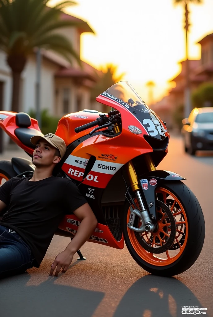 The image shows a young man sitting on the ground, leaning his back against a motorcycle. The motorcycle, which appears to be a Honda with Repsol decoration, It has red details, Black and white with Beta brand logos and other decals. The young man is dressed in a black t-shirt, Dark jeans and a beige or light brown cap. 

The setting appears to be a street or an outdoor location, with some houses and a car parked in the background. The sunlight is warm, which creates a warm tone effect in the image, with shadows suggesting that it is dusk or early morning. In the lower right corner, The text indicates "Wednesday 05:00 pm", which suggests that the image was taken at that time on a Wednesday. cheered up